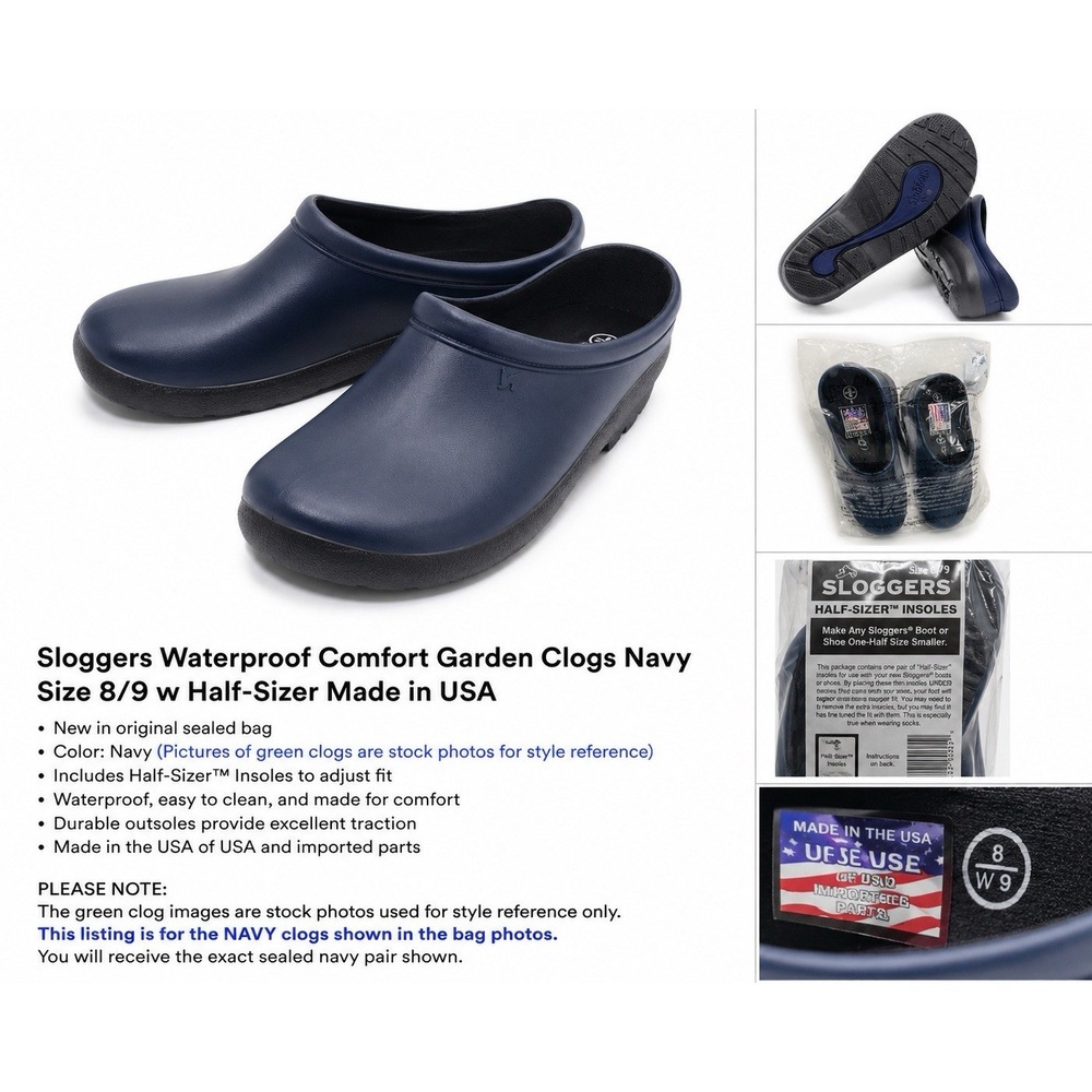Sloggers Waterproof Comfort Garden Clogs Navy Size 8/9 w Half-Sizer Made in USA